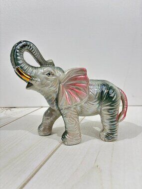 Elephant Figurine 8" Ceramic Iridescent Grey Pink White Gold Glossy Nursery